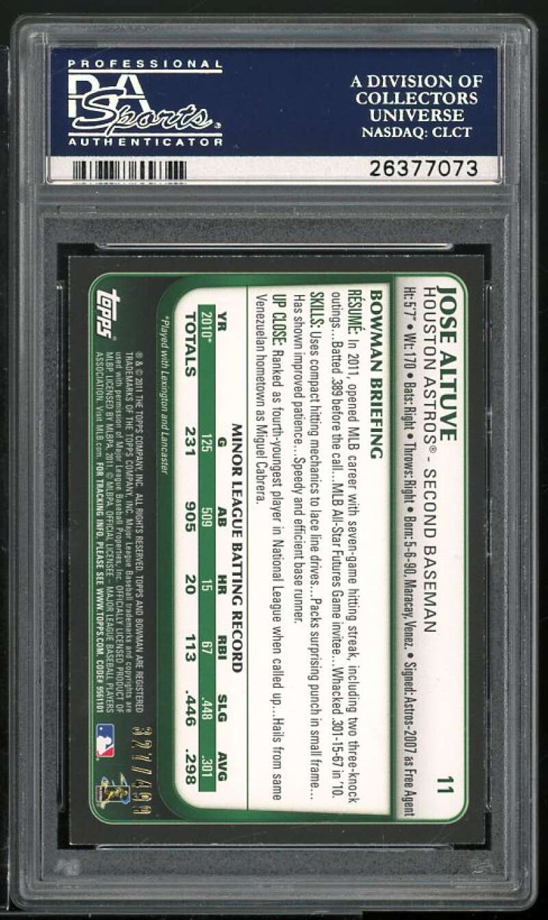 Jose Altuve Rookie Card 2011 Bowman Draft Blue #11 PSA 9