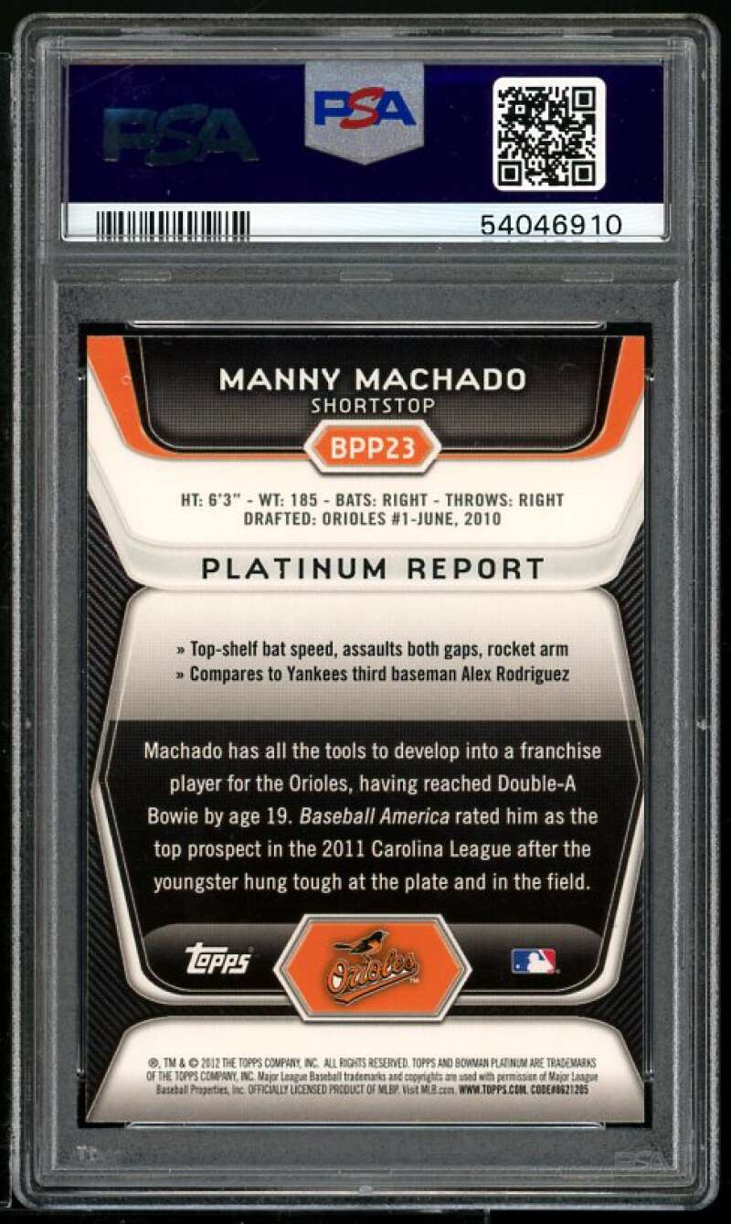 Manny Machado Rookie 2012 Bowman Platinum Prospects Blue Refractor #BPP23 PSA 9 Image 2