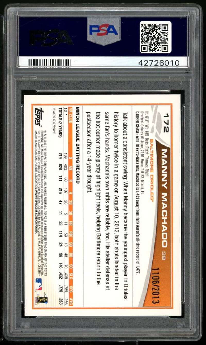 Manny Machado Rookie Card 2013 Topps Opening Day #172 PSA 10 Image 2