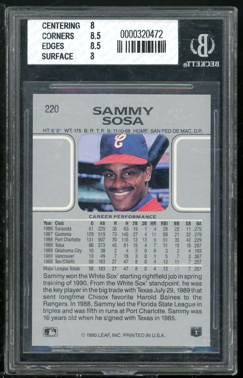 Sammy Sosa Rookie Card 1990 Leaf #220 BGS 8 (Read Description) Image 2