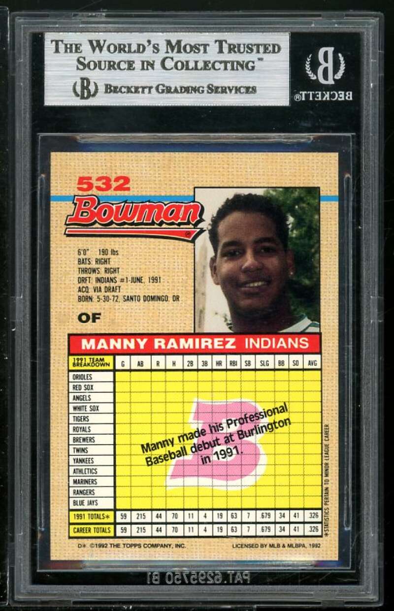 Manny Ramirez Rookie Card 1992 Bowman #532 BGS 9 (Read Description) Image 2