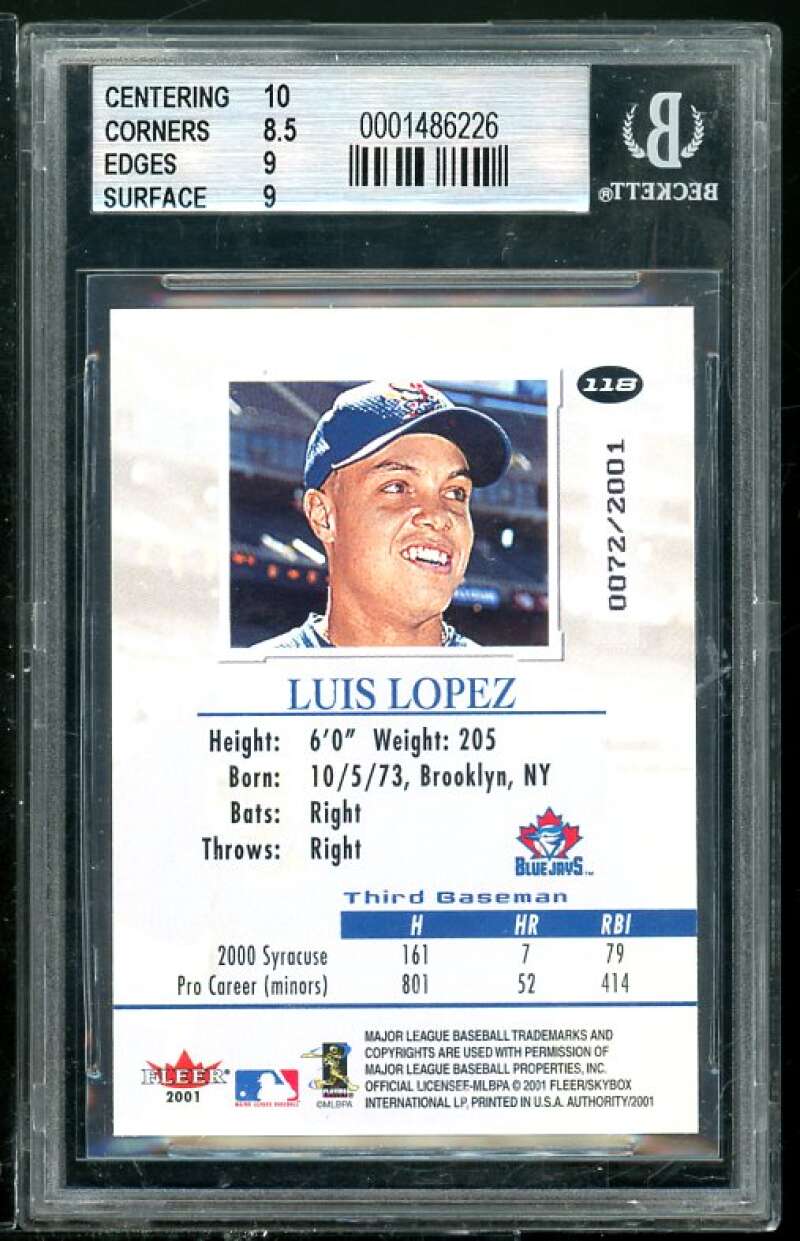 Luis Lopez Rookie Card 2001 FLeer Authority #118 BGS 9 (Read Description) Image 2