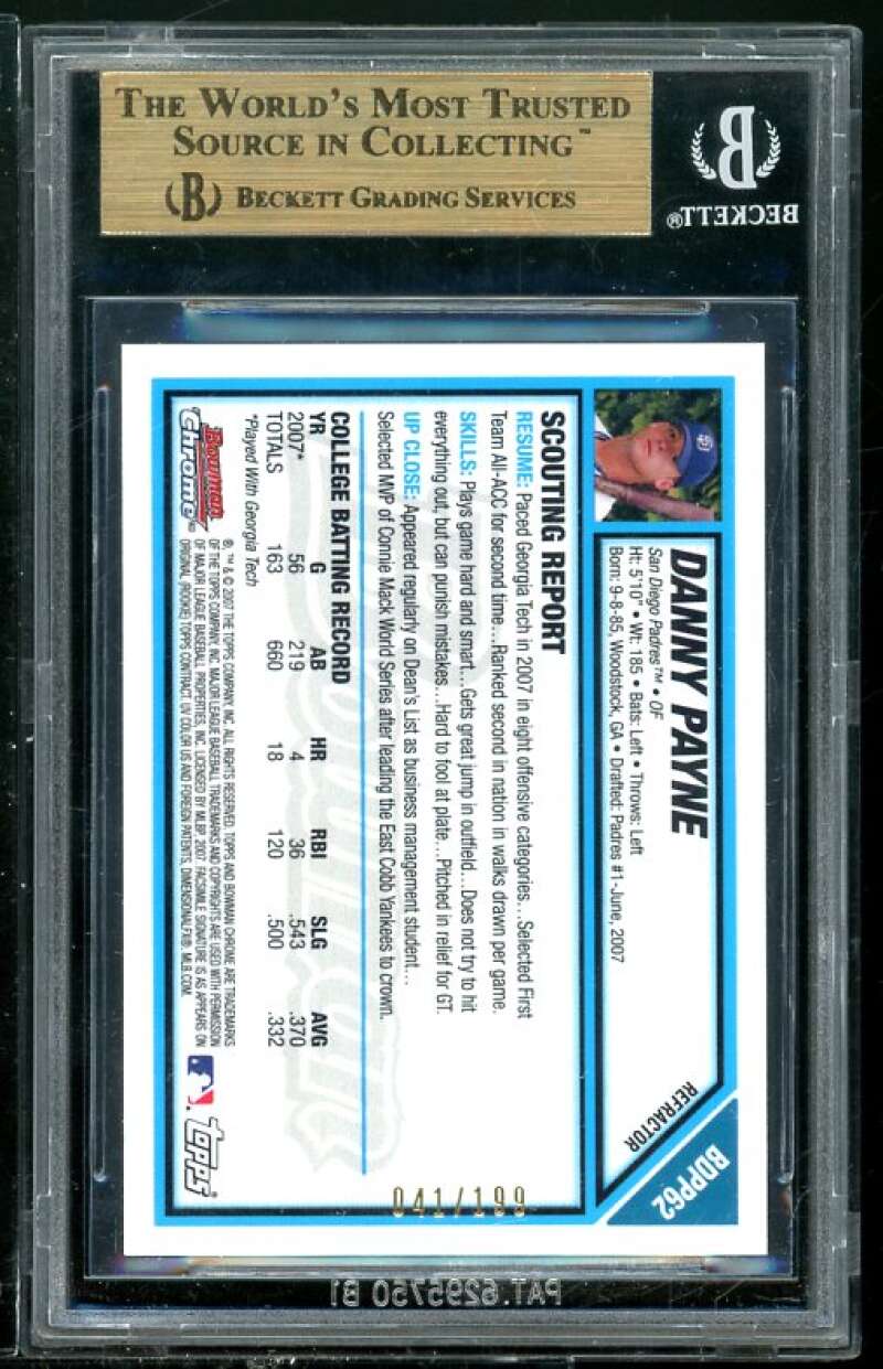 Danny Payne RC 2007 Bowman Chrome Blue Refractors #62 BGS 9.5 (Read Description) Image 2