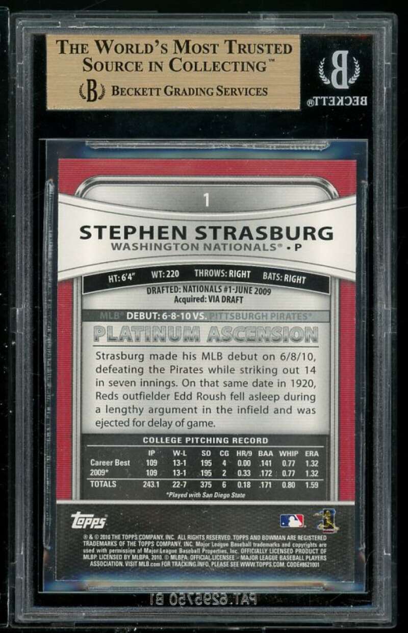 Stephen Strasburg Rookie Card 2010 Bowman Platinum #1 BGS 9.5 (Read Description) Image 2