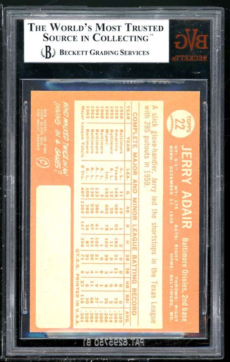 Jerry Adair Card 1964 Topps #22 BGS BVG 8.5 (Read Description) Image 2