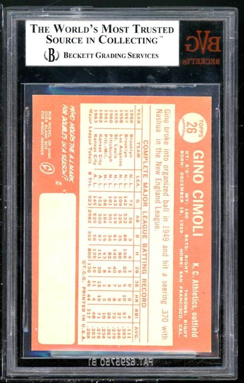 Gino Cimoli Card 1964 Topps #26 BGS BVG 8.5 (Read Description) Image 2