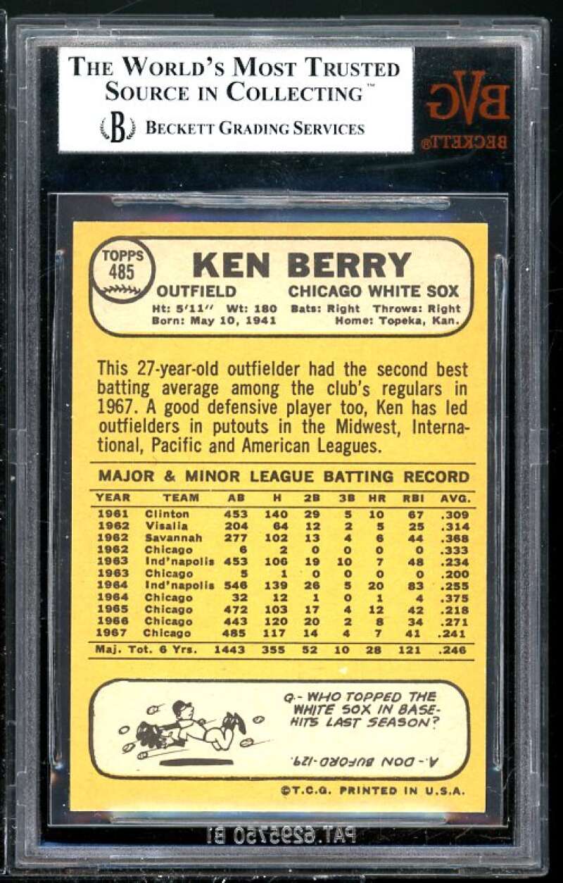 Ken Berry Card 1968 Topps #485 BGS BVG 8.5 (Read Description) Image 2
