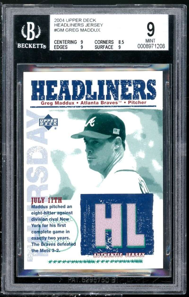 Greg Maddux Card 1994 UD Headliners Jersey #GM BGS 9 (Read Description) Image 1