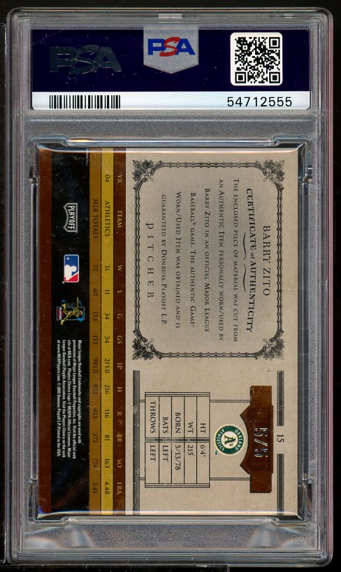 Barry Zito Card 2005 Playoff Prime Cuts Mat Jersy Number Auto Prime #15 PSA 9 Image 2