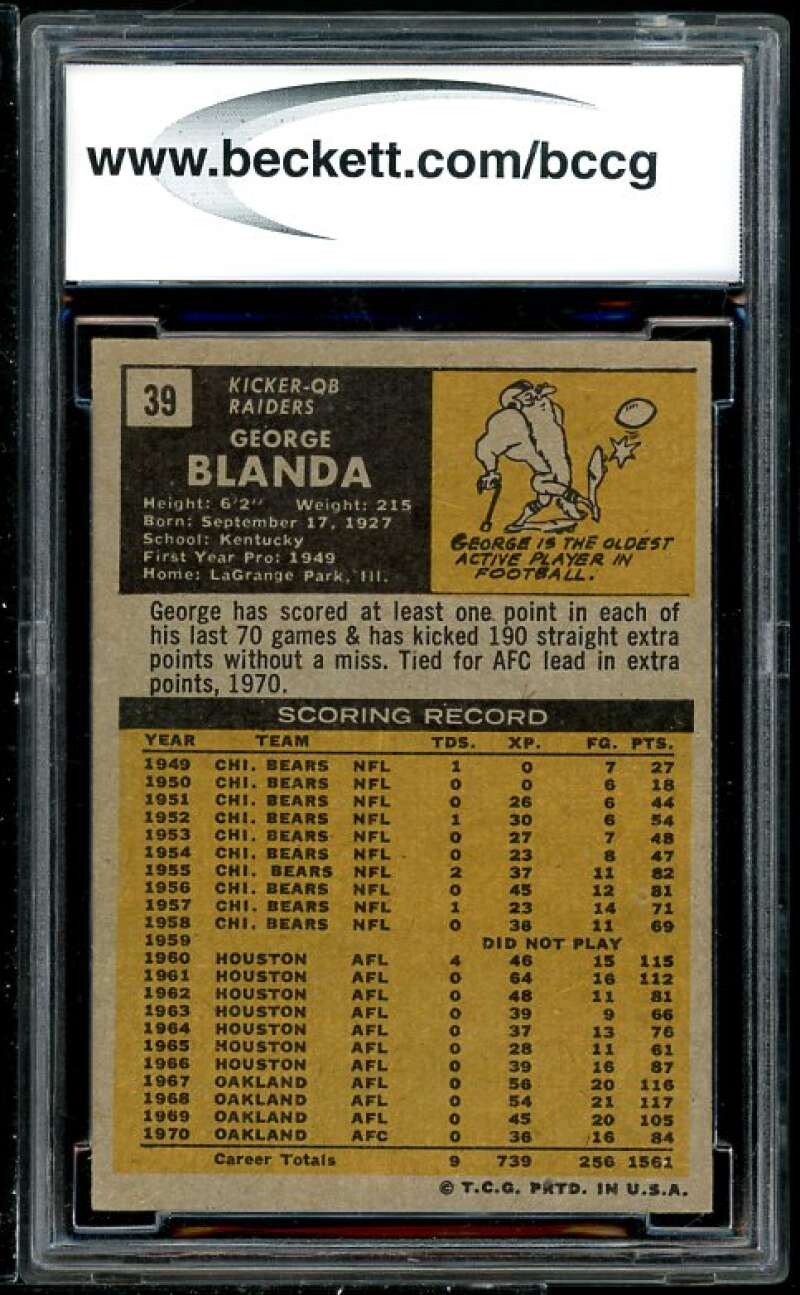 George Blanda Card 1971 Topps #39 BGS BCCG 8 (Read Description) Image 2