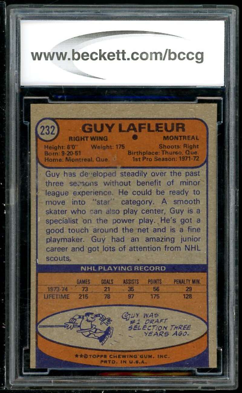 Guy Lafleur Card 1974-75 Topps #232 BGS BCCG 9 (Read Description) Image 2