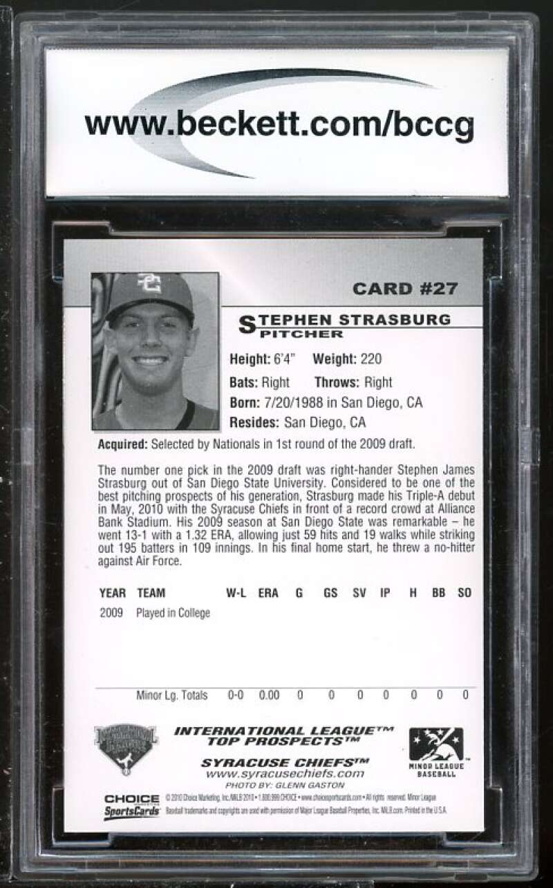 Stephen Strasburg Rookie 2010 Int'l League BGS BCCG 10 (Read Description) Image 2