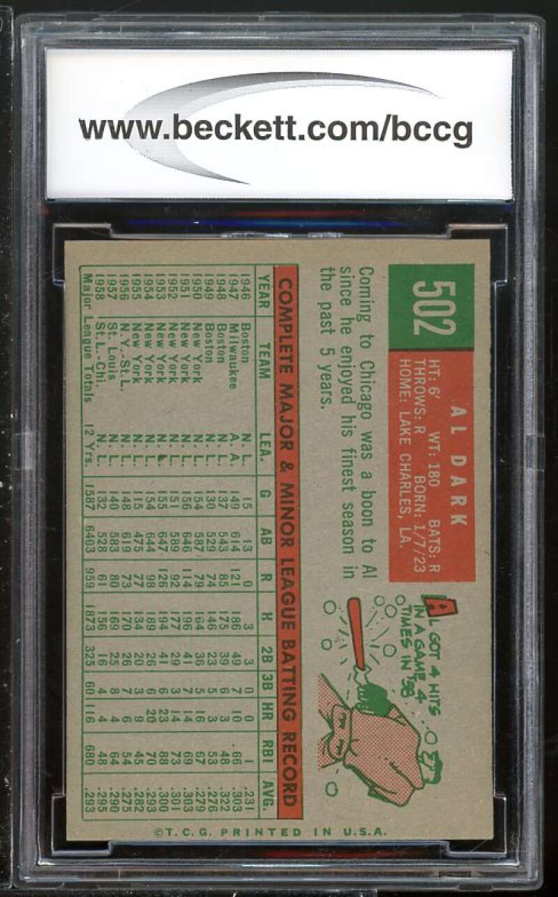 Al Dark Card 1959 Topps #502 BGS BCCG 9 (Read Description) Image 2