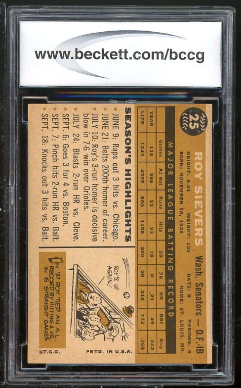 Roy Sievers Card 1960 Topps #25 BGS BCCG 9 (Read Description) Image 2