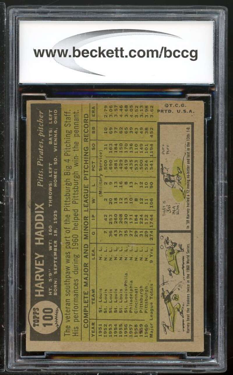 Harvey Haddix Card 1961 Topps #100 BGS BCCG 7 (Read Description) Image 2