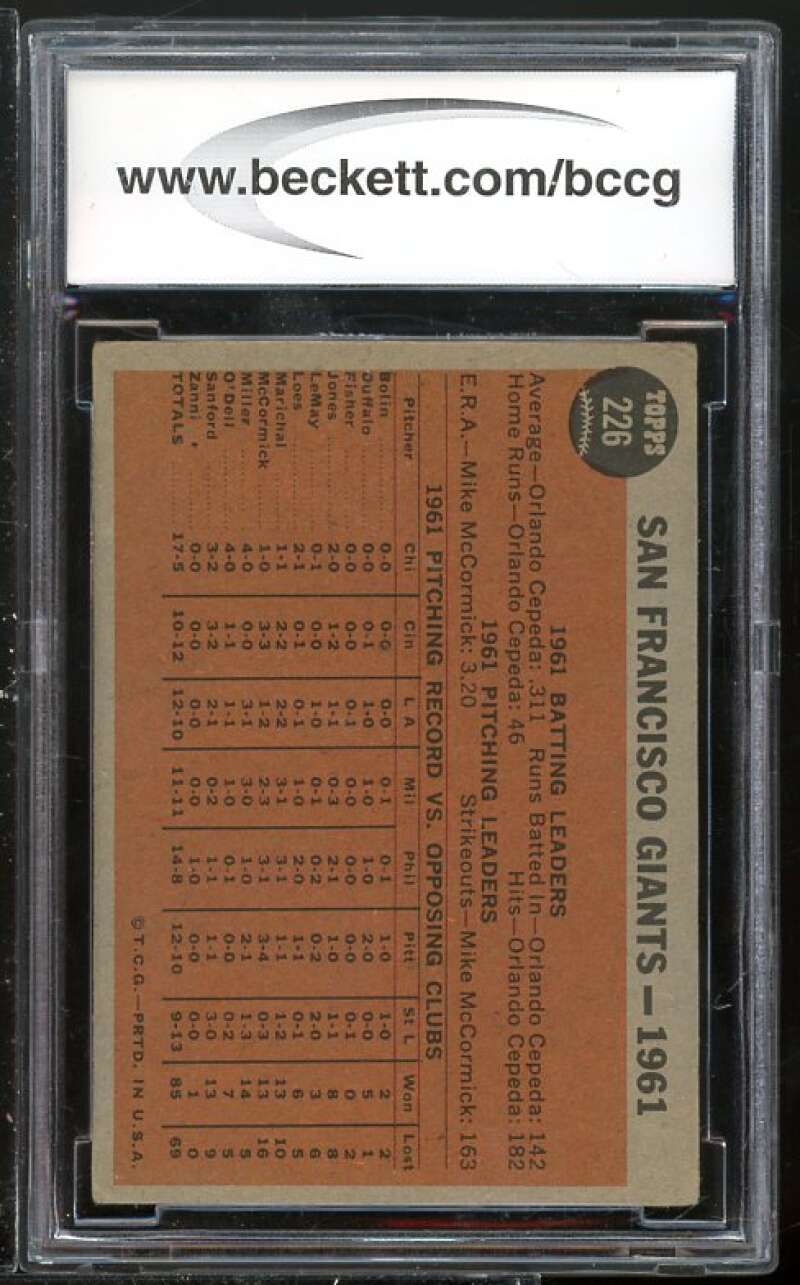 San Francisco Giants Team Card 1962 Topps #226 BGS BCCG 7 (Read Description) Image 2