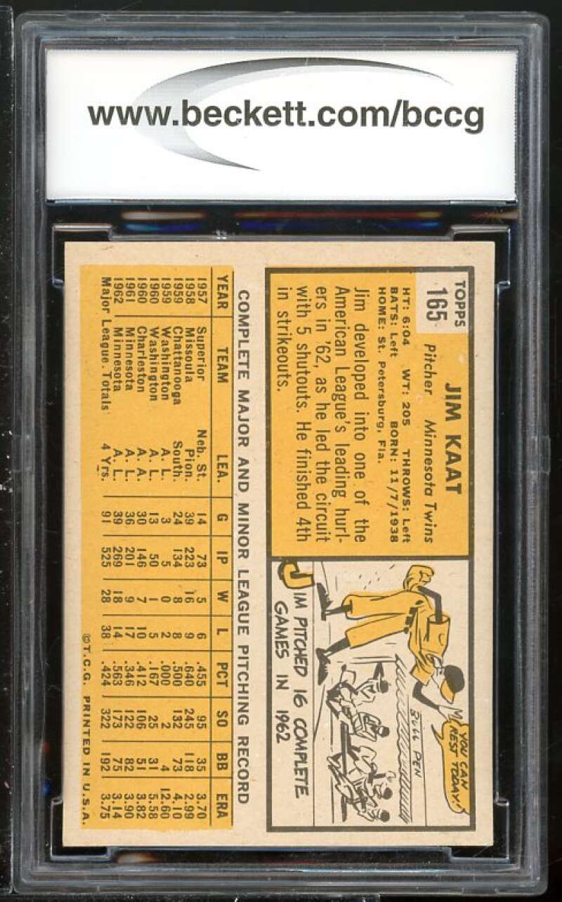 Jim Kaat Card 1963 Topps #165 BGS BCCG 9 (Read Description) Image 2