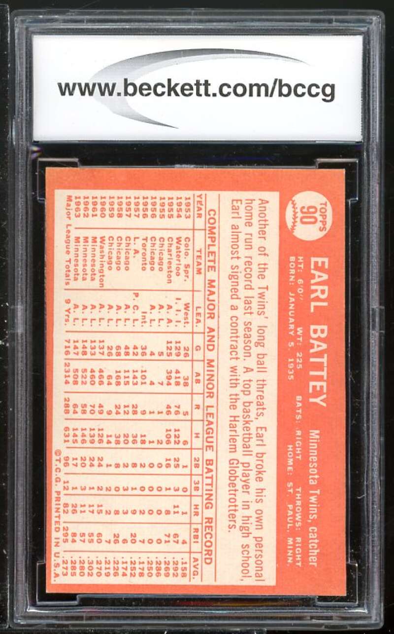 Earl Battey Card 1964 Topps #90 BGS BCCG 9 (Read Description) Image 2