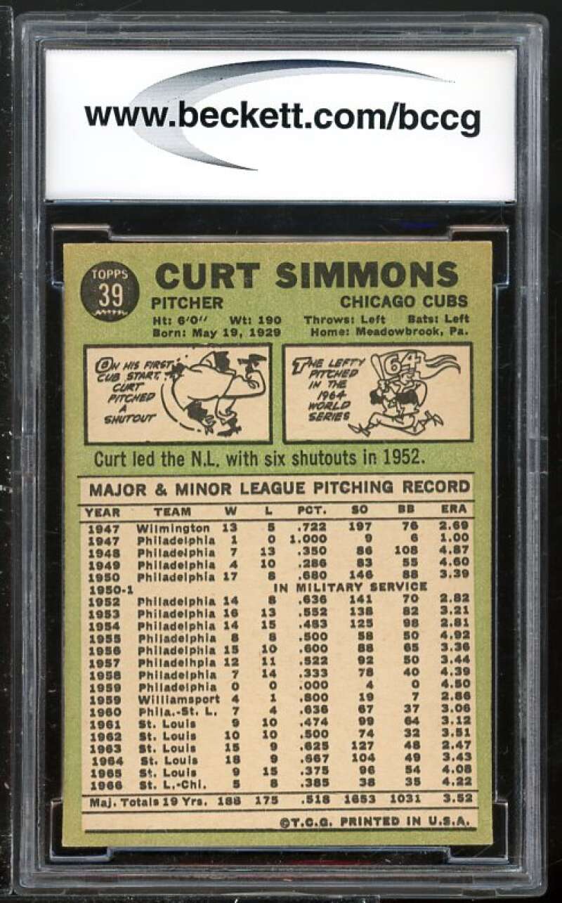 Curt Simmons Card 1967 Topps #39 BGS BCCG 9 (Read Description) Image 2