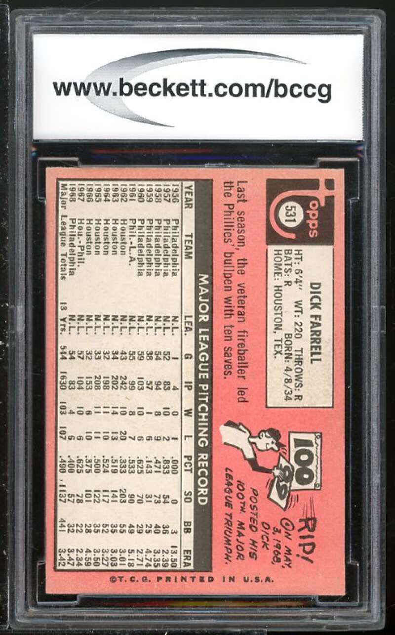 Dick Farrell Card 1969 Topps #531 BGS BCCG 9 (Read Description) Image 2