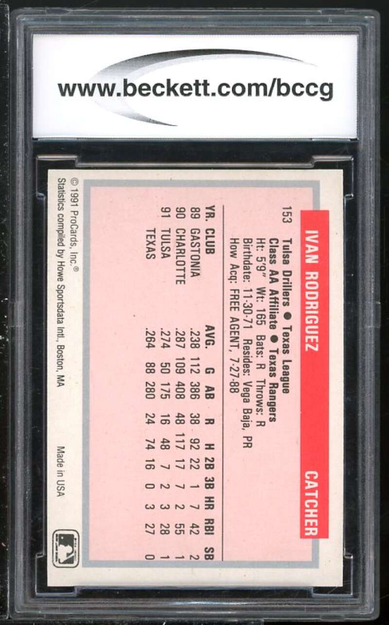 Ivan Rodriguez Rookie Card 1991 ProCards TH #153 BGS BCCG 9 (Read Description) Image 2