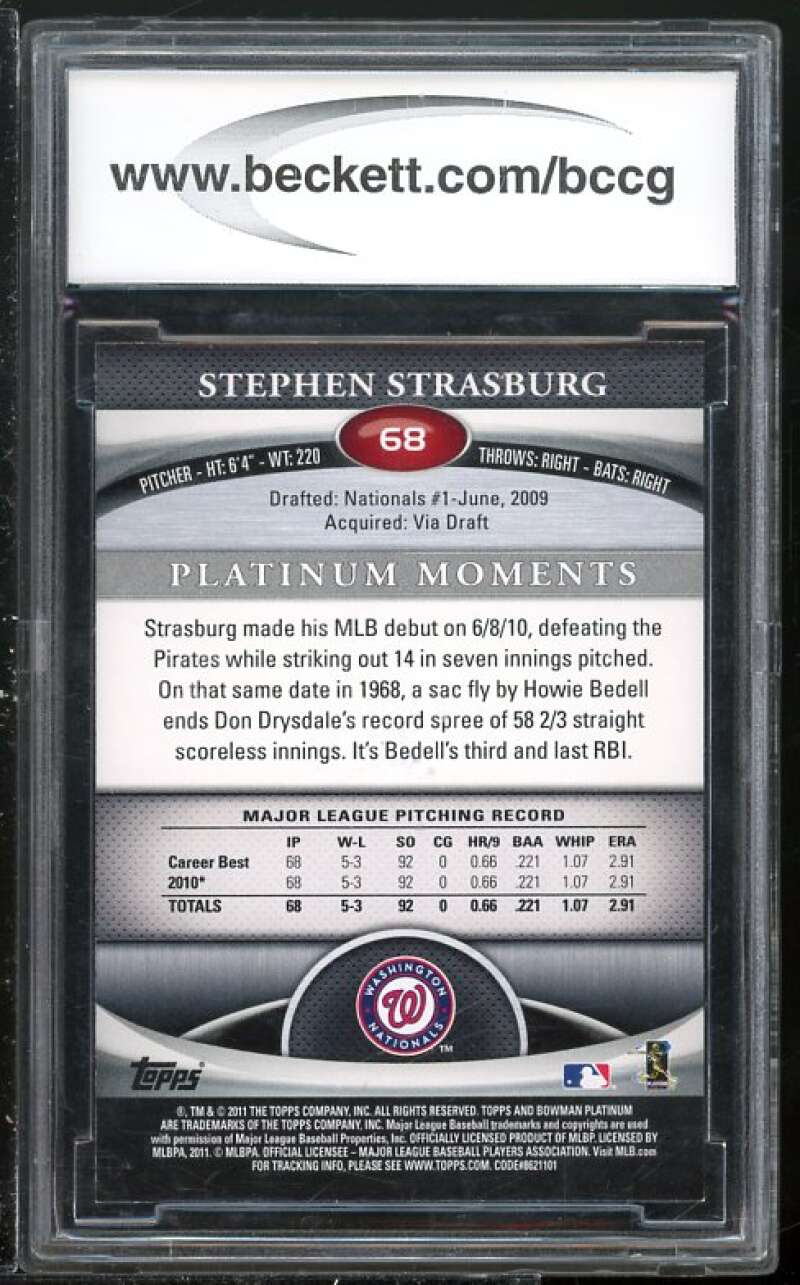 Stephen Strasburg Card 2011 Bowman Platinum #68 BGS BCCG 10 (Read Description) Image 2