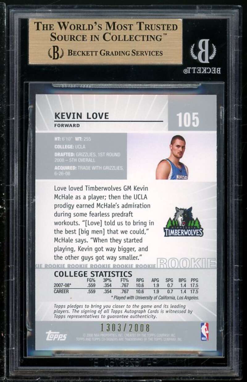 Kevin Love Rookie Card 2008-09 Topps Co-Signers #105 BGS 9.5 (Read Description) Image 2