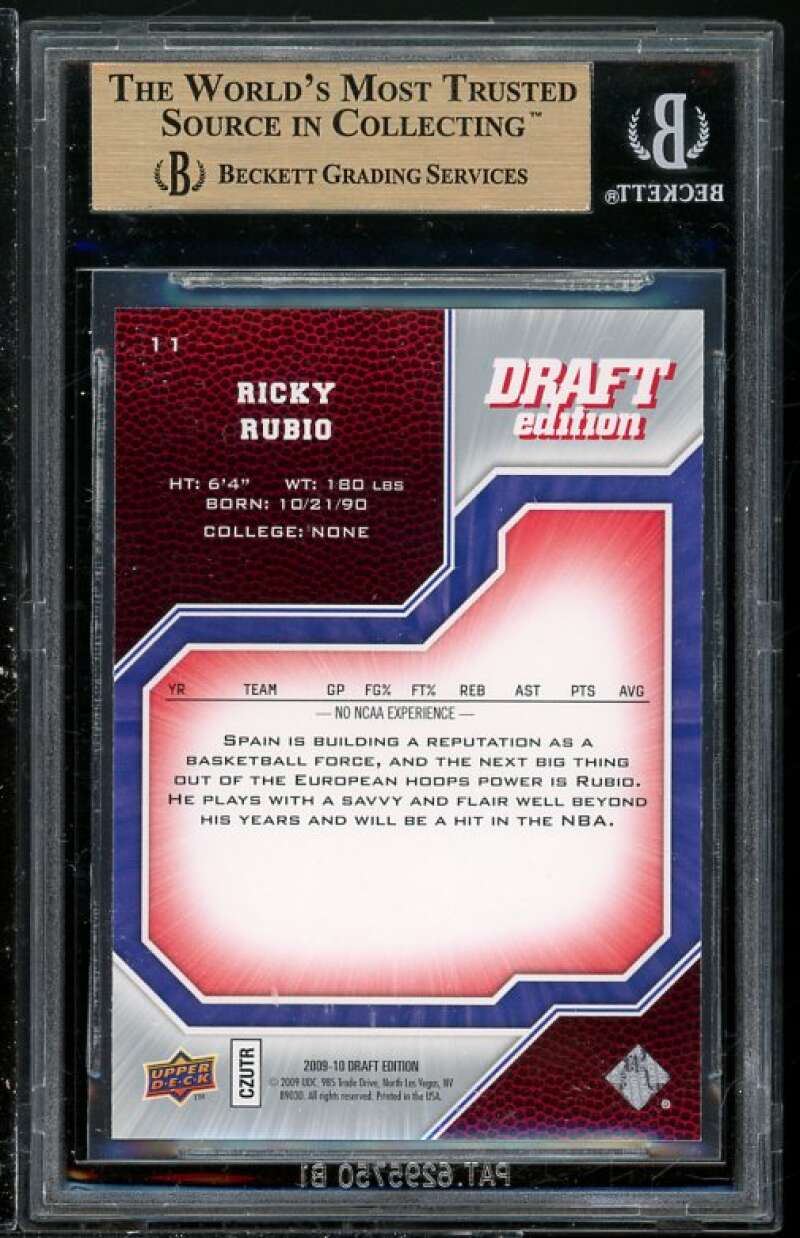 Ricky Rubio Rookie Card 2009-10 UD DE #11 (PRISTINE) BGS 10 (Read Description) Image 2