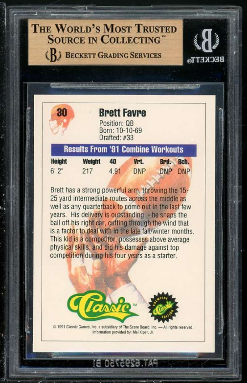 Brett Favre Rookie Card 1991 Classic #30 BGS 9.5 (Read Description) Image 2