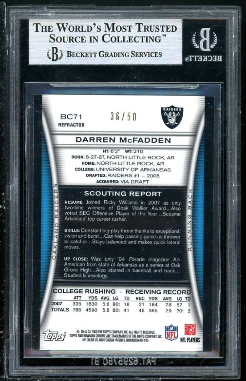 Darren Mcfadden Rookie 2008 Bowman Chrome Gold #BC71 BGS 9 (Read Description) Image 2