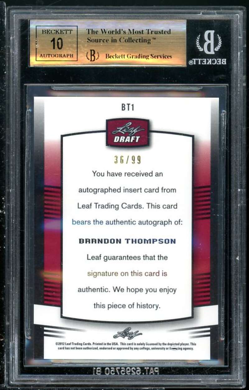 Brandon Thompson Rookie 2012 Leaf Prismatic Silver #BT1 (PRISTINE) BGS 10 (Read) Image 2