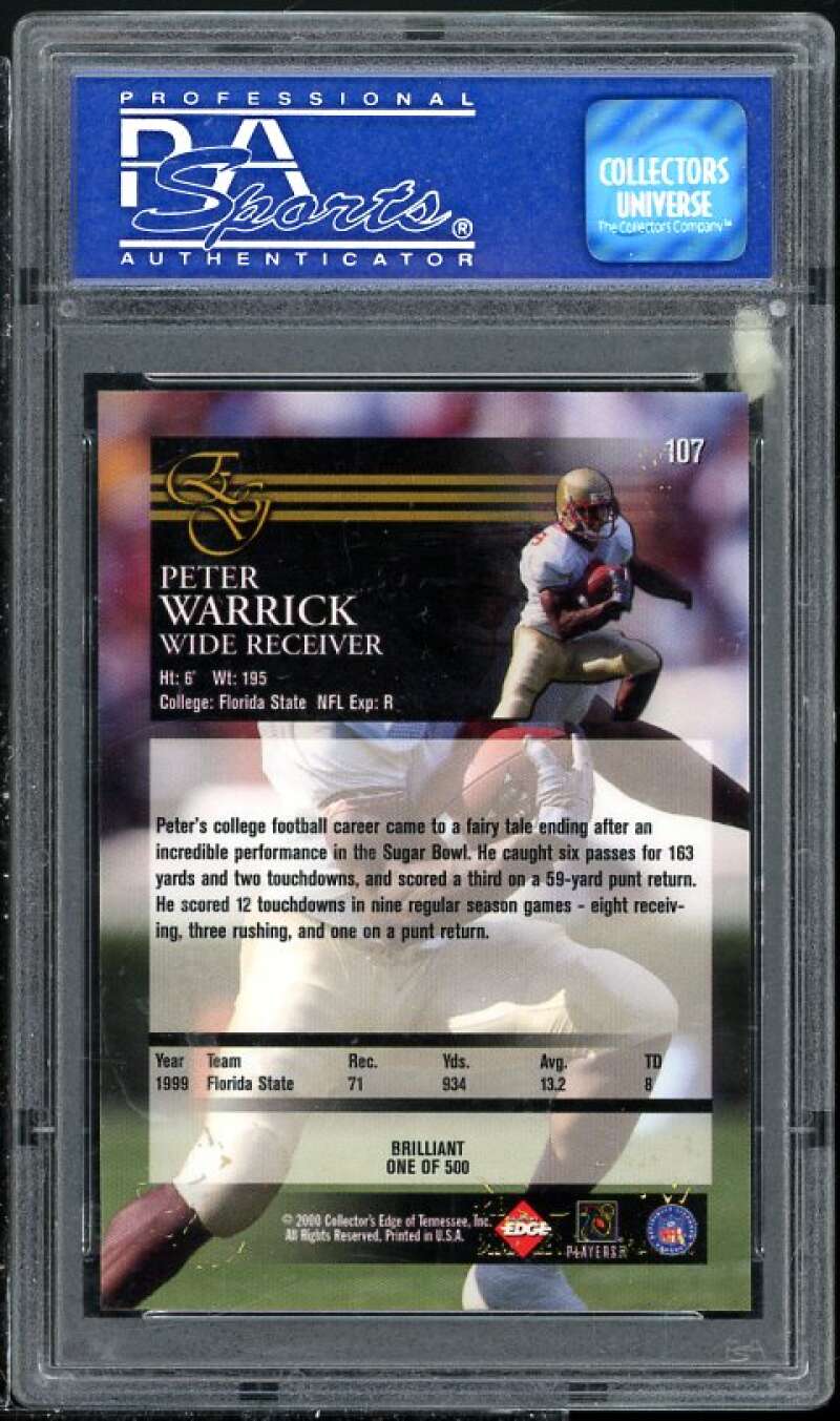 Peter Warrick Rookie Card 2000 Collector's Edge Brilliant #107 PSA 9 (Read) Image 2