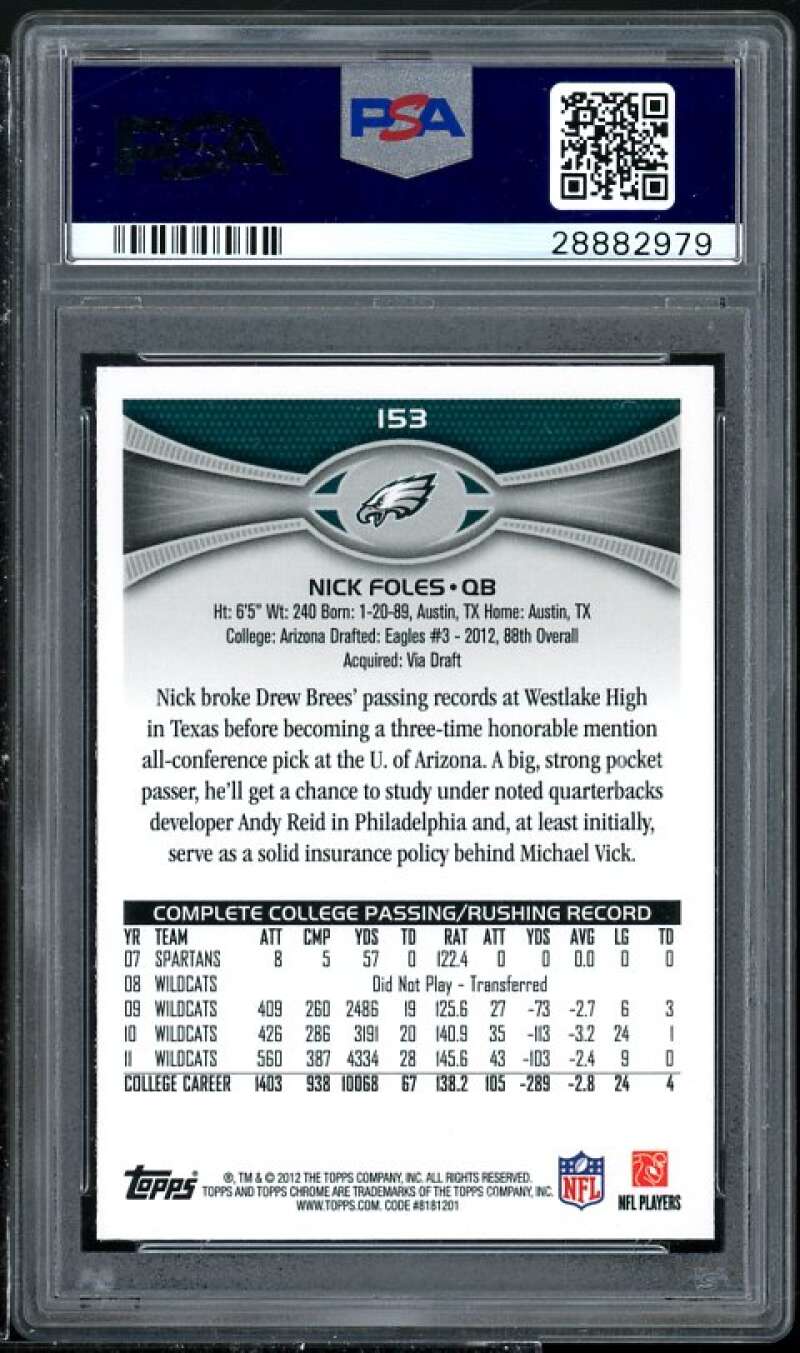 Nick Foles Rookie Card 2012 Topps Chrome #153 PSA 10 (Read Description) Image 2