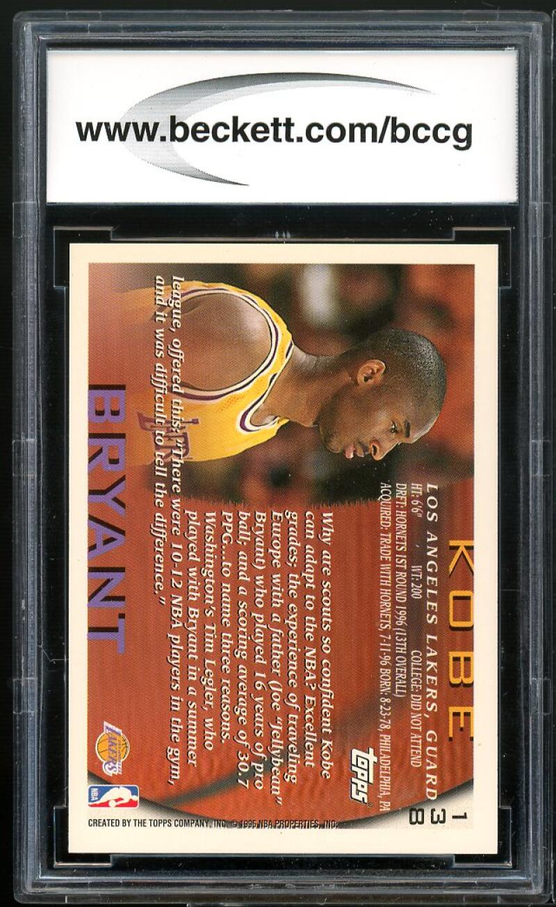 1996-97 Topps #138 Kobe Bryant Rookie Card BGS BCCG 9 Near Mint+ Image 2