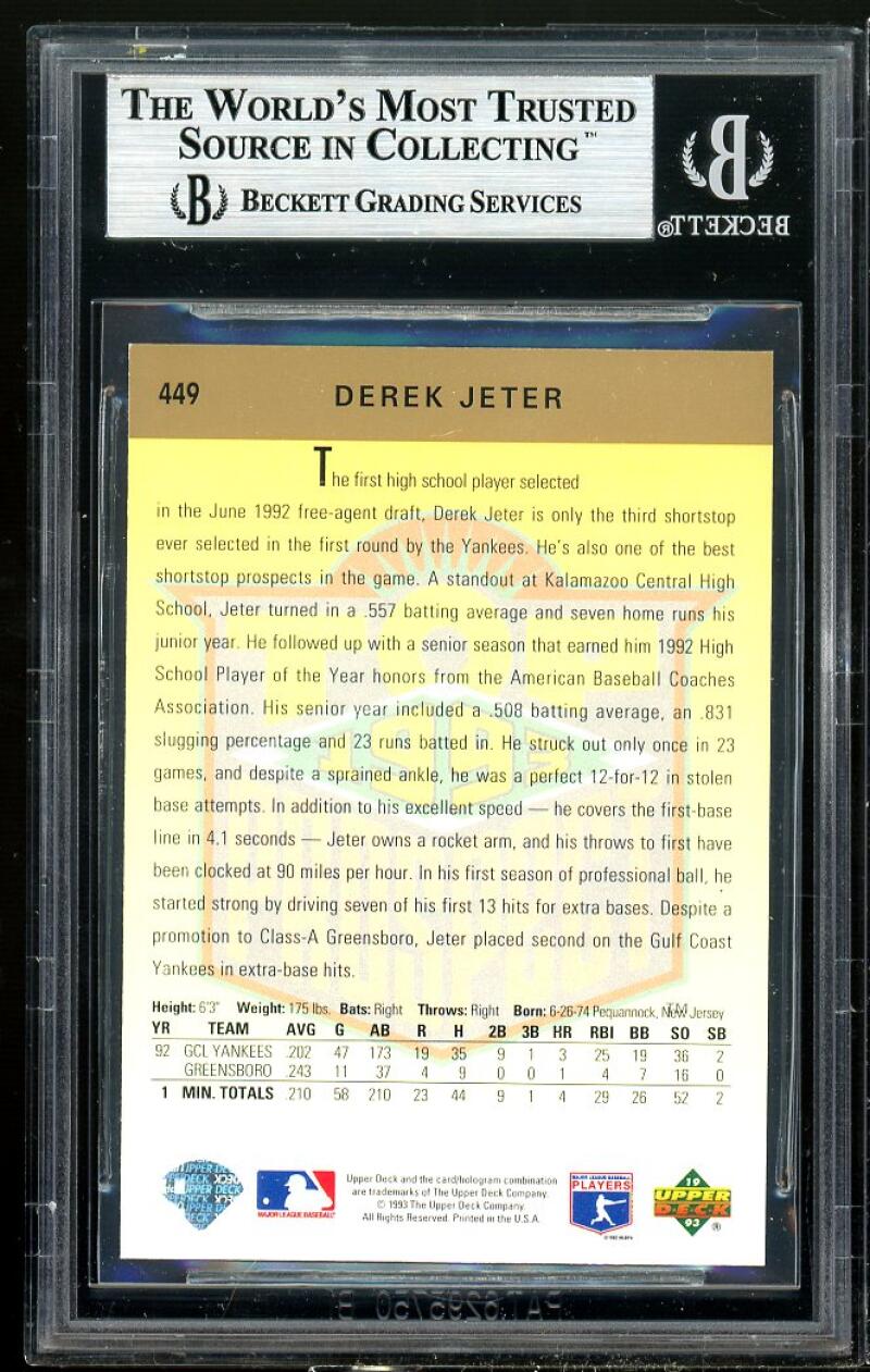 Derek Jeter Rookie Card 1993 Upper Deck #449 BGS 9 Image 2