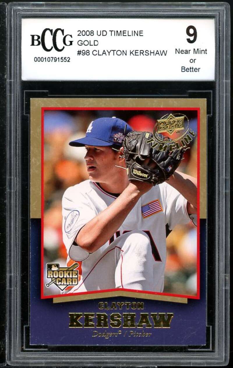 2008 UD Timeline Gold #98 Clayton Kershaw Rookie Card BGS BCCG 9 Near Mint+ Image 1