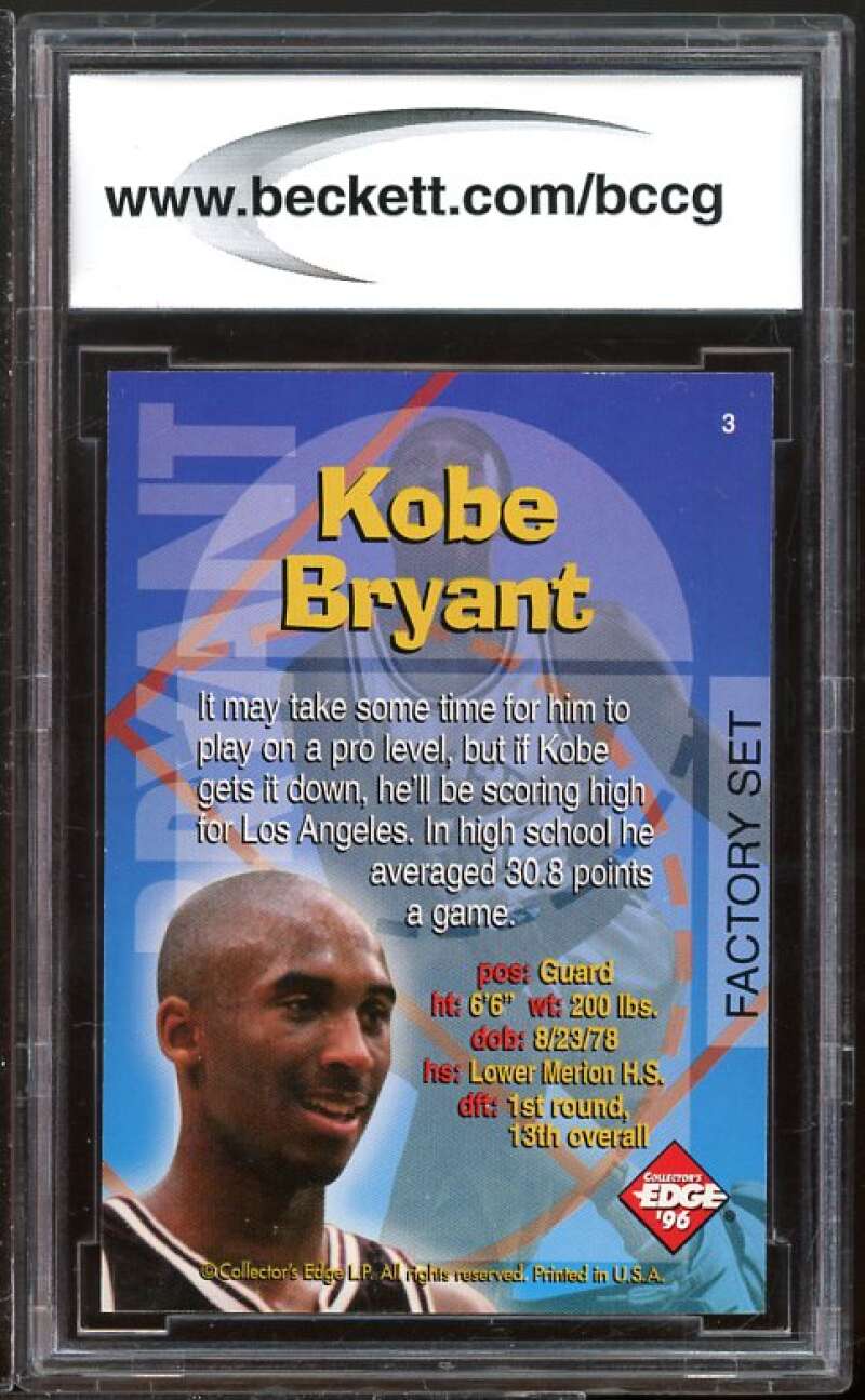 1996 Collectors Edge Rookie RR Recruits Factory Set #3 Kobe Bryant BGS BCCG 9 NM Image 2