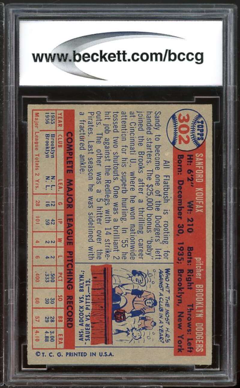 1957 Topps #302 Sandy Koufax Card BGS BCCG 9 Near Mint+ Image 2