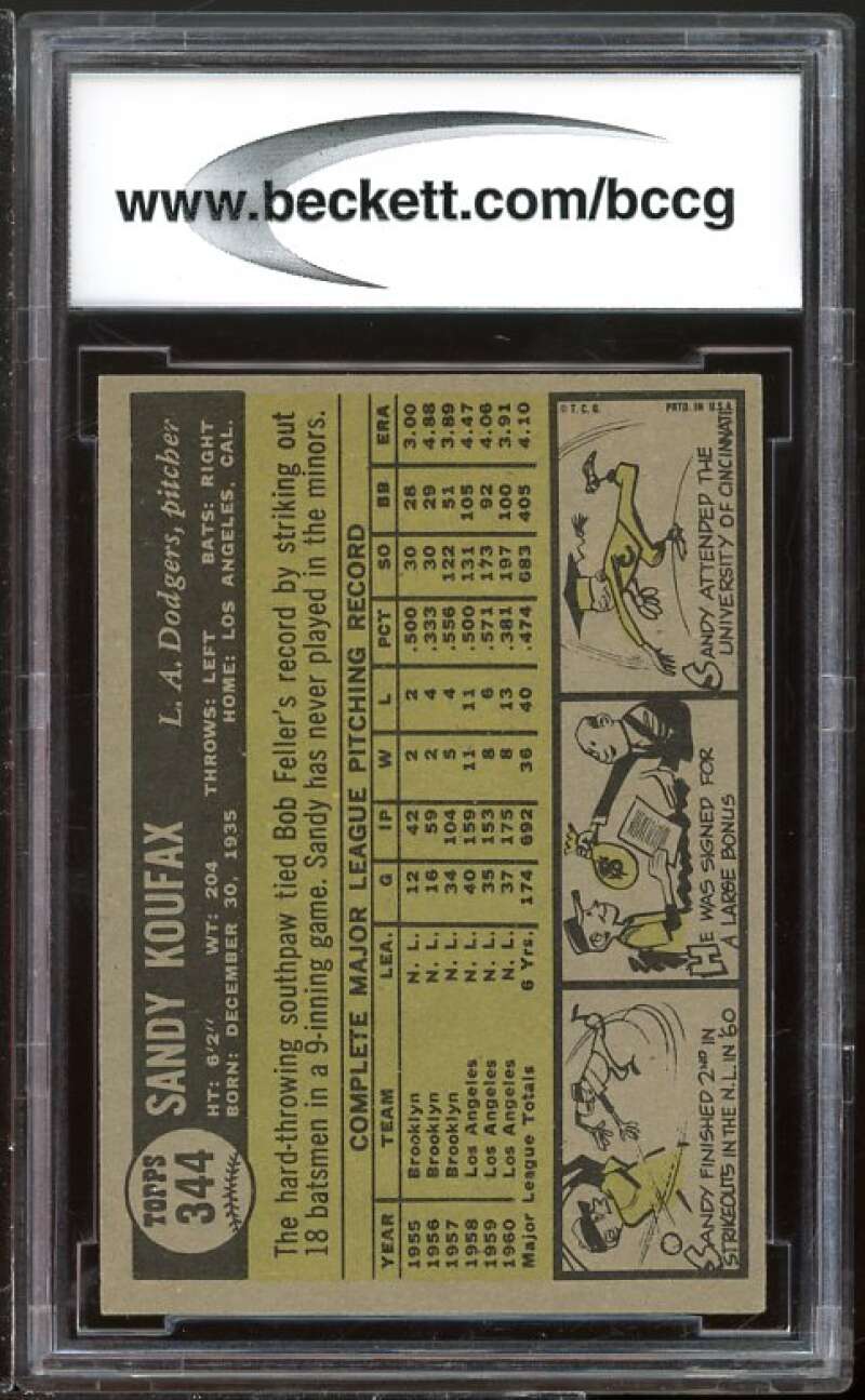 1961 Topps #344 Sandy Koufax Card BGS BCCG 8 Excellent+ Image 2