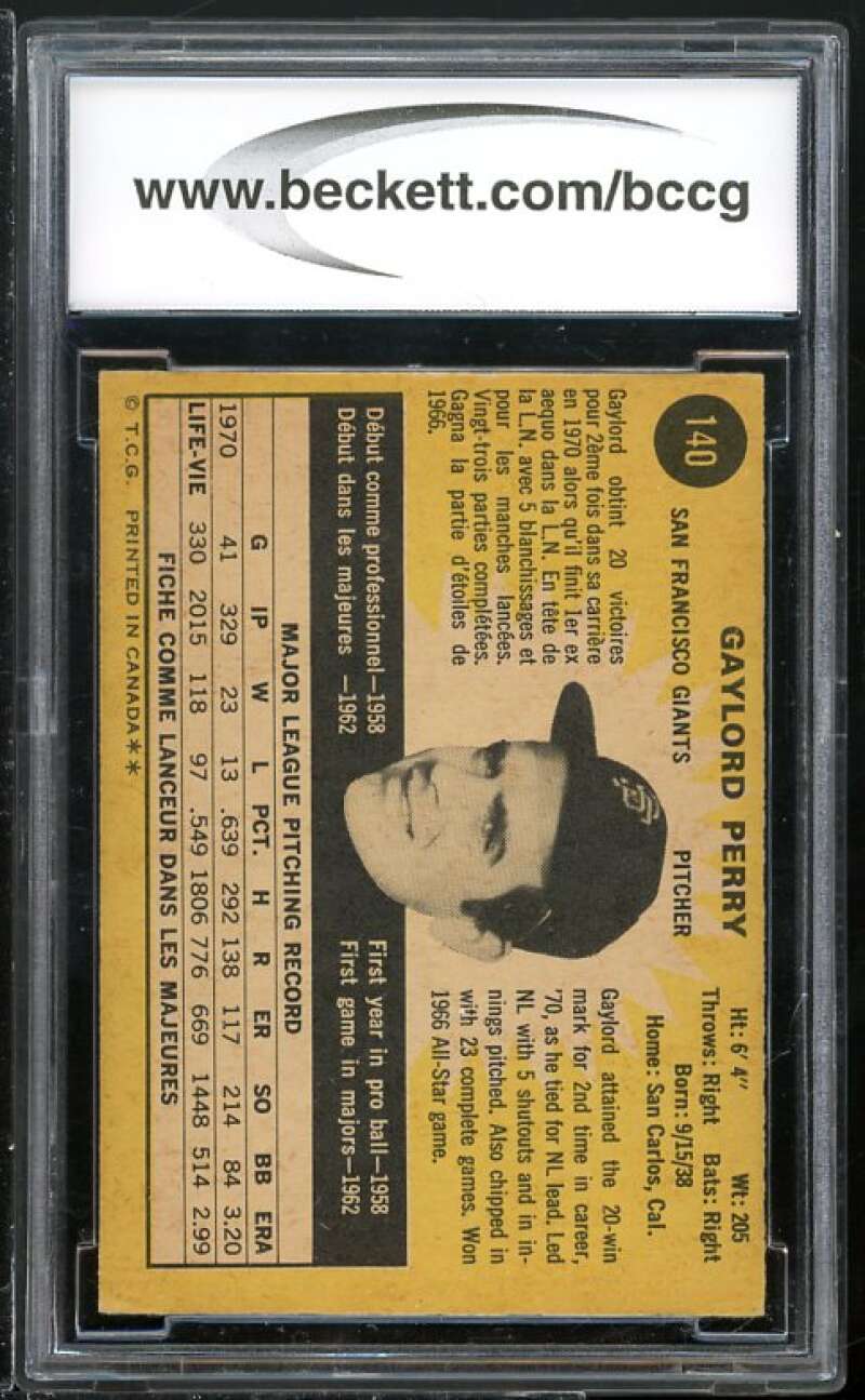 1971 O-Pee-Chee #140 Gaylord Perry Card BGS BCCG 8 Excellent+ Image 2