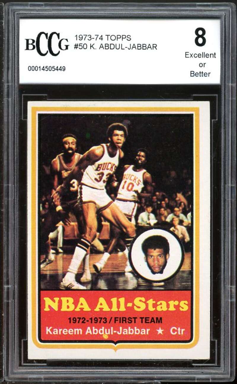 1973-74 Topps #50 Kareem Abdul-Jabbar Card BGS BCCG 8 Excellent+ Image 1