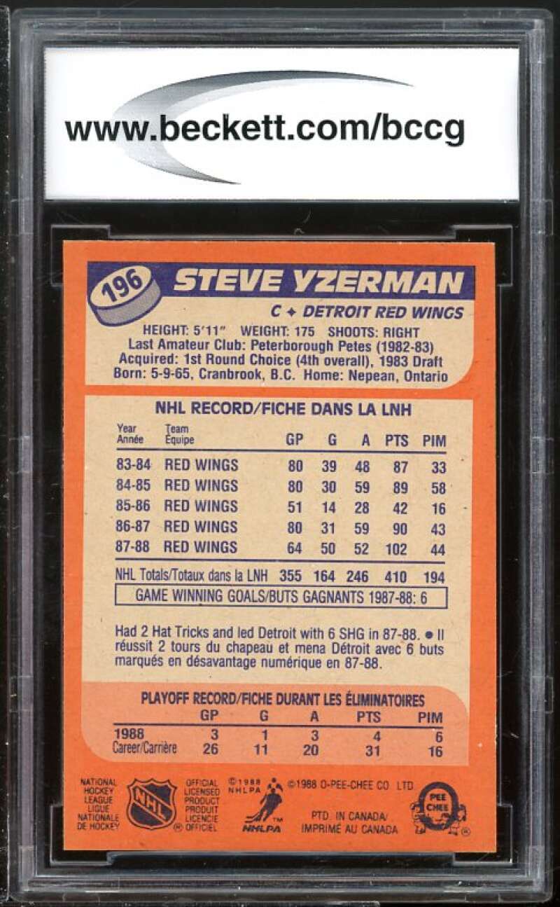 1988-89 O-Pee-Chee #196 Steve Yzerman Card BGS BCCG 9 Near Mint+ Image 2