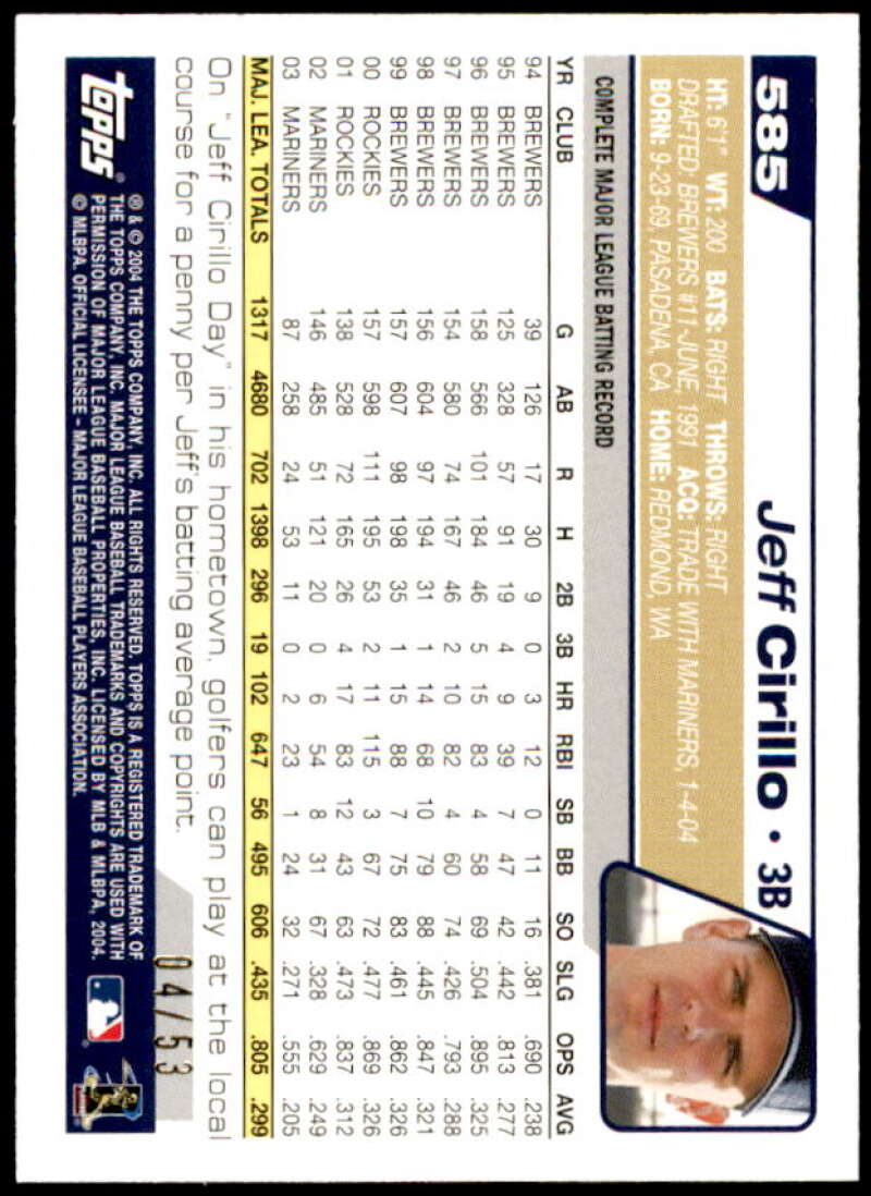 Jeff Cirillo Card 2004 Topps Black #585 Image 2