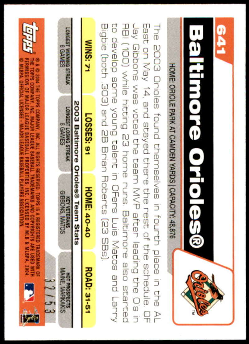 Baltimore Orioles Card 2004 Topps Black #641 Image 2