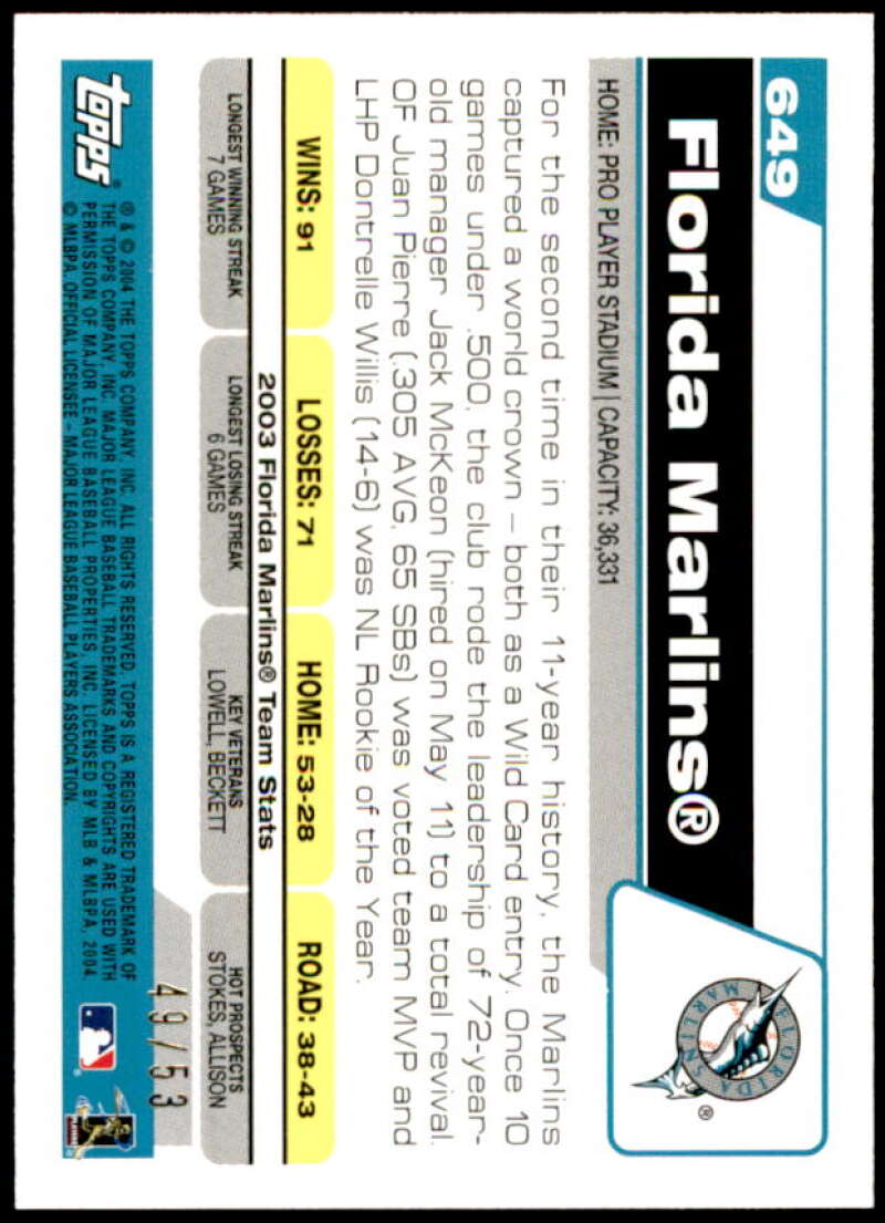 Florida Marlins Card 2004 Topps Black #649 Image 2