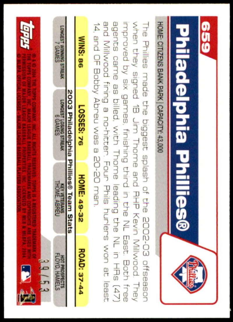 Philadelphia Phillies Card 2004 Topps Black #659 Image 2