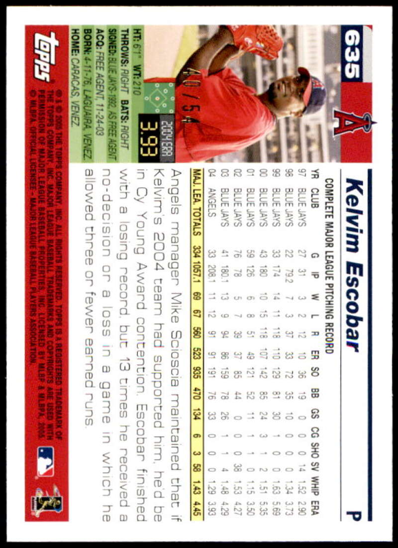 Kelvim Escobar Card 2005 Topps Black #635 Image 2