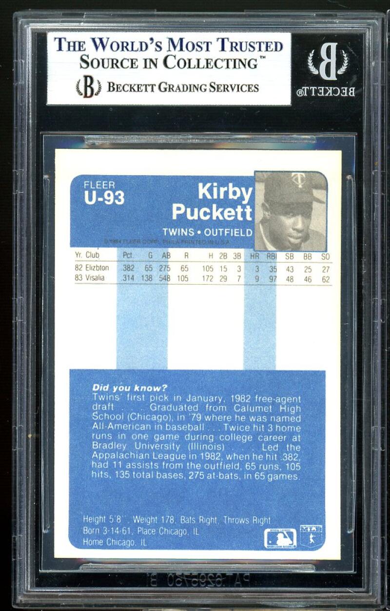 Kirby Puckett Rookie Card 1984 Fleer Update #u-93 BGS 8.5 (8 9.5 8.5 9.5) Image 2