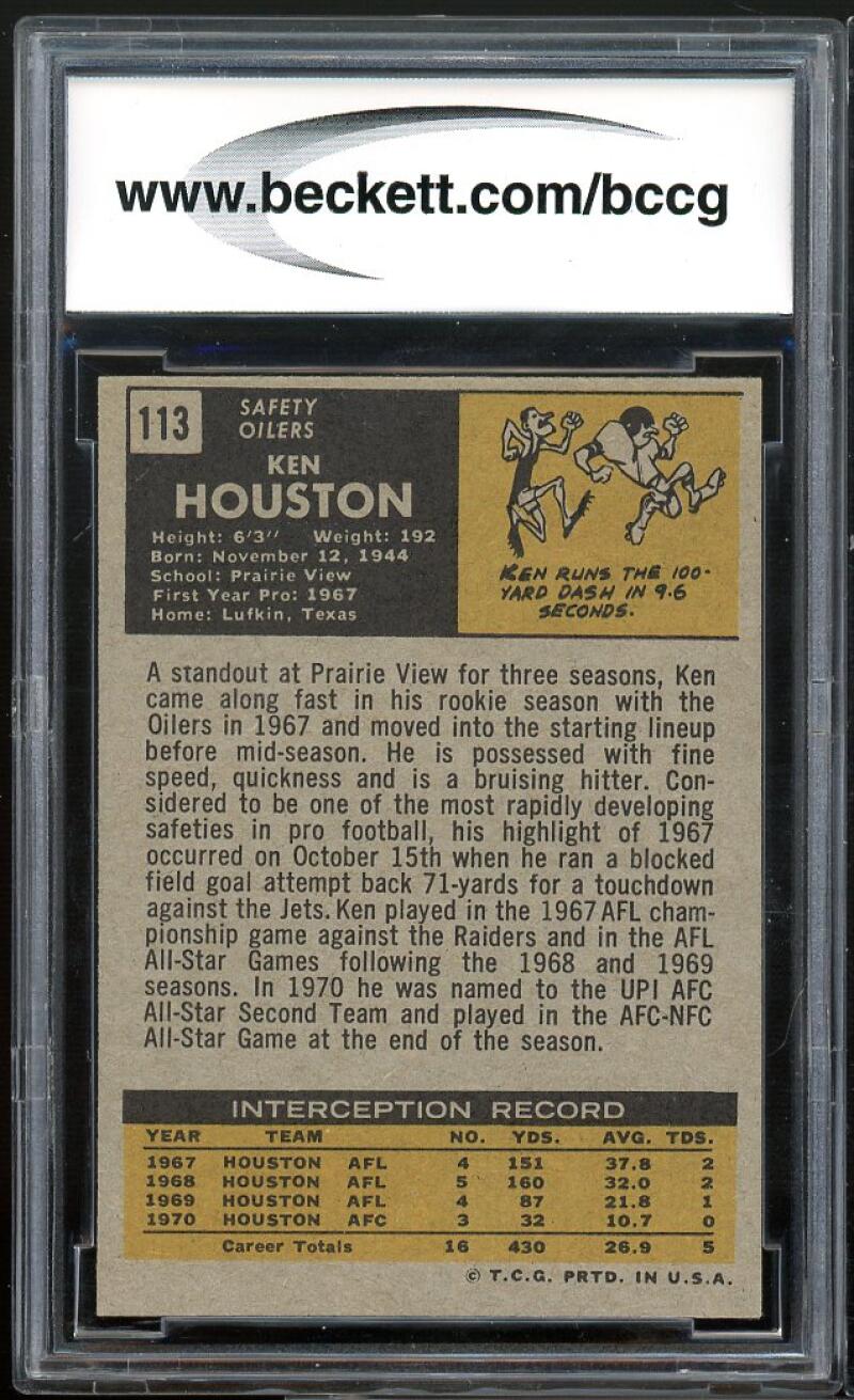 1971 Topps #113 Ken Houston Rookie Card BGS BCCG 9 Near Mint+ Image 2