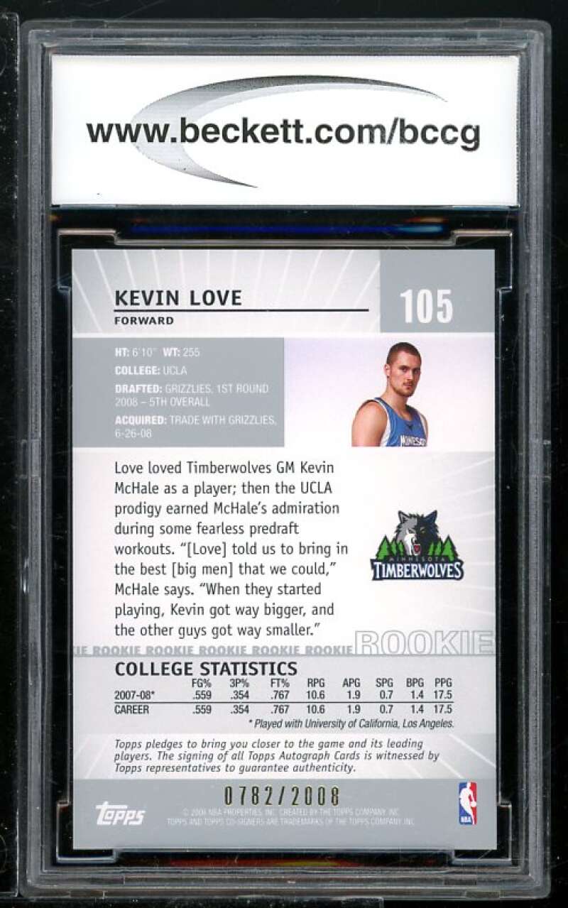 Kevin Love Rookie Card 2008-09 Topps Co-Signers #105 BGS BCCG 10 Image 2